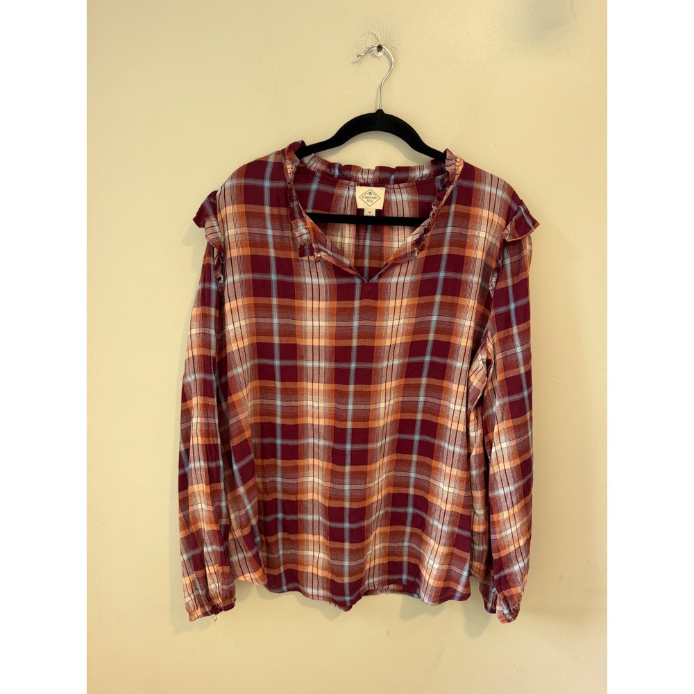 St. Johns Bay Womens XL Plaid Ruffle Neck Blouse Burgundy Orange Long Sleeve Top
